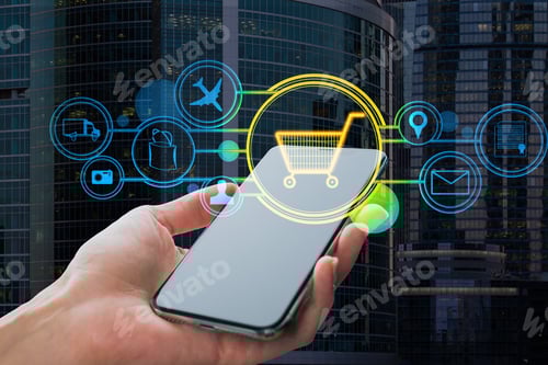 Preview: Close Up Of Female Hand Holding Cellphone With Abstract Glowing Cart Interface On Blurry City