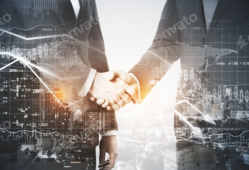 Preview: Businessmen Shaking Hands On Night City Background. Double Exposure. Deal Concept