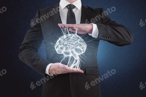 Preview: Businessman Hand Holding Digital Brain On Blue Background. Science And Medical Concept