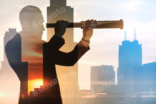 Preview: Abstract Silhouette Of Man With Telescope Looking Into The Distance On Bright City Background With