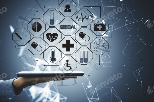 Preview: Hand Holding Tablet With Glowing Medical Interface. Medicine And Research Concept.