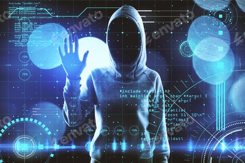 Preview: Cyber Security Concept With Faceless Hacker Silhouette Touching Digital Screen With Network