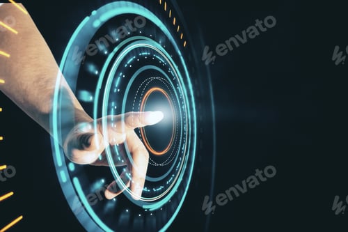 Preview: Hand Using Glowing Digital Circle Wallpaper. Internet And Innovation Concept. Mock Up.