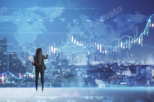 Preview: Trading Investment Concept With Trader Woman Analyzing Financial Chart And Forex Quotes On Big