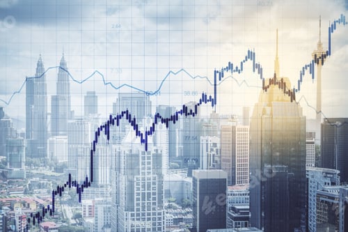Preview: Glowing Stock Chart On Blurry City Background. Trade And Investment Concept. Multiexposure
