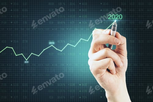 Preview: Hand Drawing Graph Of Success In 2020 Year On Dark Background. Trade And Analysis Concept