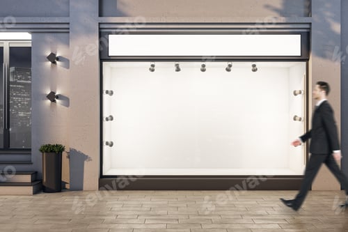 Preview: Businessman Walking Near Blank Shop Window. Advertisement And Retail Concept. Mock Up,
