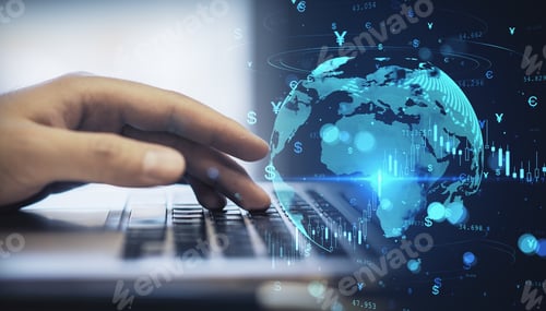 Preview: Close Up Of Hand Using Laptop Computer With Glowing Money Transfer Globe On Blurry Background