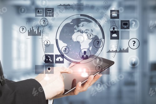 Preview: Hand Holding Digital Tablet With Abstract Global Network Interface. Server And Technology Concept