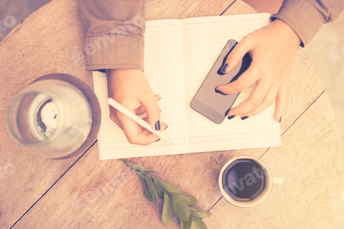 Preview: Girl Writes In Notebook, Vintage Photo Effect