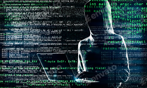 Preview: Coding And Theft Concept. Hacker With Laptop And Abstract Coding Text On Blurry Background