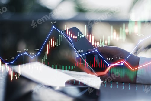 Preview: Close Up Of Businessman Hand Using Smartphone With Glowing Forex Chart Trading Interface On Blurry