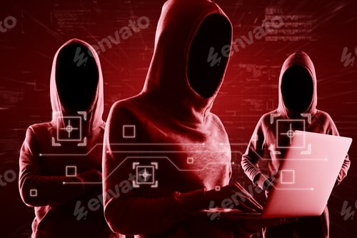 Preview: Red Shadows Faceless Hackers In Hoody Using Laptop And Abstract Virtual Technological Symbols