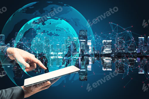 Preview: Close Up Of Hand Pointing At Tablet With Creative Glowing Globe With Polygonal Connections On