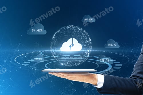 Preview: Close Up Of Businessman Hand Holding Tablet With Creative Polygonal Digital Cloud On Blurry