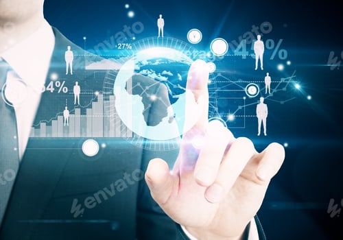 Preview: Businessman Pointing At Abstract Digital Interface With Business Charts And Hr Icons On Space