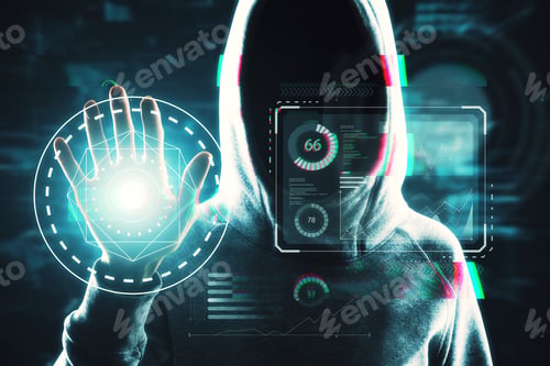 Preview: Hacker Using Scanner On Abstract Glowing Business Hologram Interface On Dark Background. Security