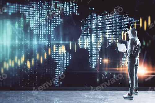 Preview: Business Security Concept With Hacker With Laptop And Digital Forex Chart With Graphs And Pixel