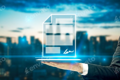 Preview: Close Up Of Hand Holding Glowing Abstract Electronic Document With Signature On Night City