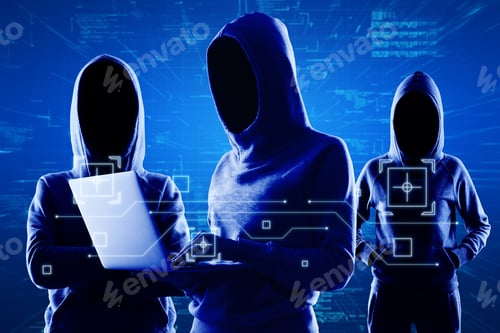 Preview: Cyber Protection And Internet System Hacking Concept With Blue Shadows Faceless Hackers In Hoody