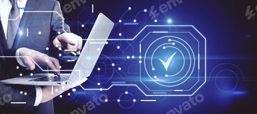 Preview: Close Up Of Businessmen Using Laptop With Abstract Glowing Digital Business Circuit Network And