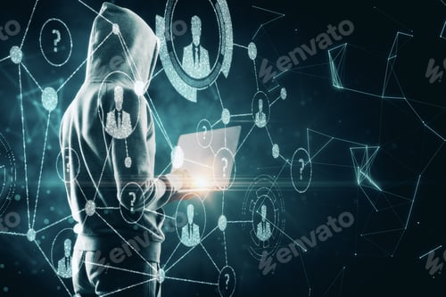 Preview: Hacker Using Laptop On Abstract Digital Interface Background. Hacking And Theft Concept. Double