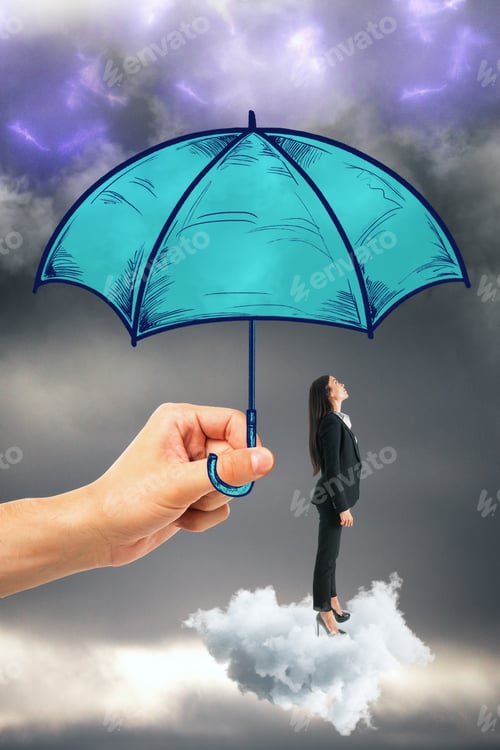 Preview: Hand Holding Drawn Blue Umbrella Over Businesswoman On Cloudy Gray Sky Background. Safety And