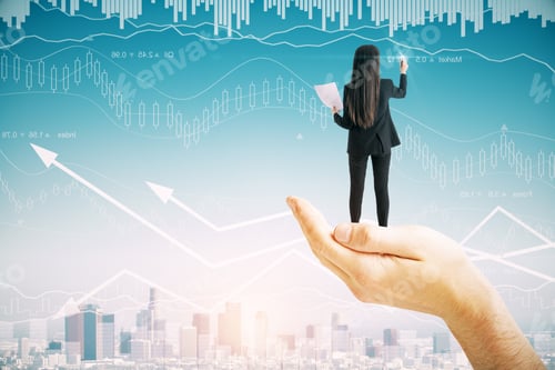 Preview: Abstract Hand Holding Businesswoman With Forex Chart Grid On Blue Sky And City Background