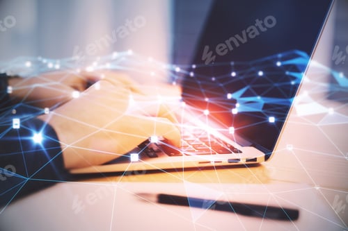 Preview: Close Up Of Hands Using Laptop With Creative Glowing Polygonal Mesh On Blurry Outdoor Background