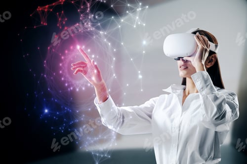 Preview: Attractive Young European Female With Vr Glasses Using Abstract Polygonal Sphere On Blurry Office
