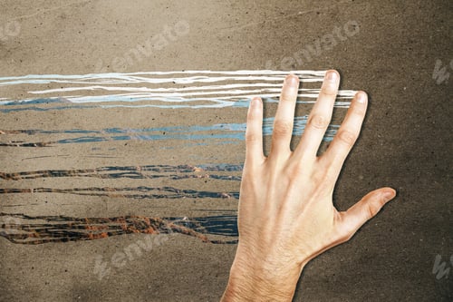 Preview: Male Hand Wiping Concrete Background And Revealing Mountain View. Abstract Concept