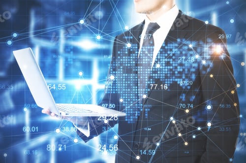 Preview: Businessmen Holding Laptop With Polygonal Chart Hologram. Business And Management Concept. Double