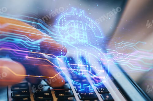 Preview: Close Up Of Businessman Hands Using Laptop With Creative Glowing Blue Dollar Sign Hologram On