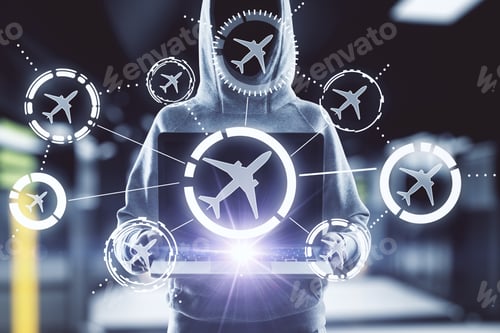 Preview: Hacker Holding Laptop With Creative Airplane Interface On Blurry Interior Background. Hacking And