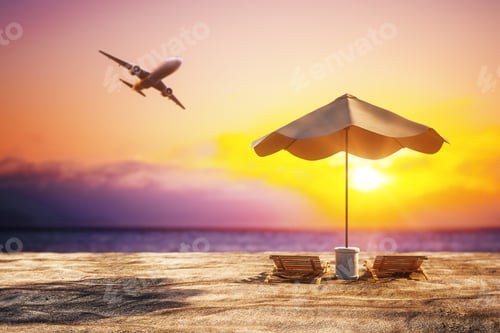 Preview: Plane Flying Over Beautiful Beach Background With Sand, Chaise Longs, Umbrella And Sunset. Travel