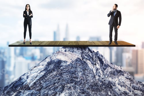 Preview: Two Businesspeople Standing On Wooden Board On Mountain Top On Panoramic City Background
