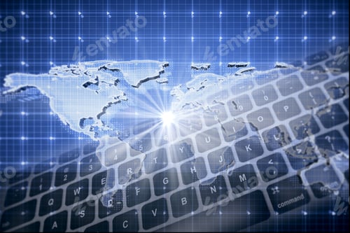 Preview: Abstract Keyboard And Map On Blue Background With Light. International Business And Communications