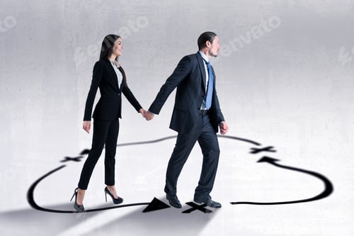 Preview: Young European Businesswoman And Man With Arrows Walking In Circles On Concrete Background