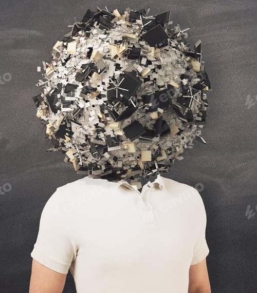 Preview: Man With Abstract Office Items And Equipment Ball Head On Chalkboard Background. Confusion Concept