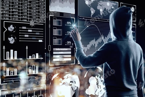 Preview: Theft And Hud Concept. Hacker Using Digital Business Interface On Blurry Night City Background