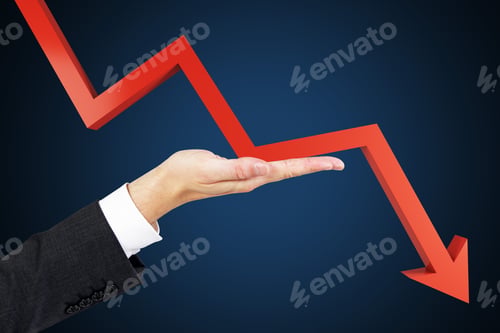 Preview: Businessman Hand Holding Falling Red Chart Arrow On Dark Blue Background. Crisis And Fall Concept