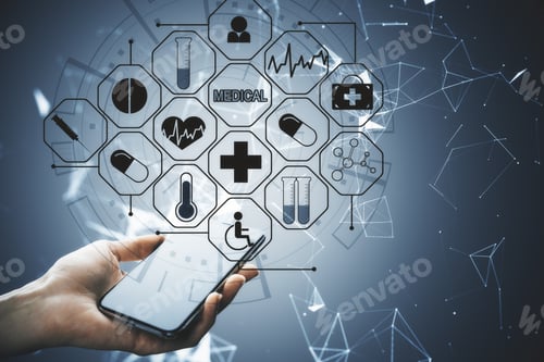 Preview: Hand Holding Mobile Phone With Glowing Medical Interface. Medicine And Research Concept.
