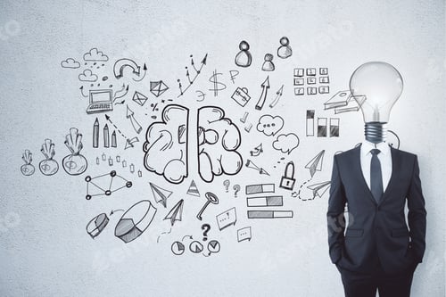 Preview: Lamp Headed Businessman On Chalkboard Background With Business Sketch. Idea, Solution And