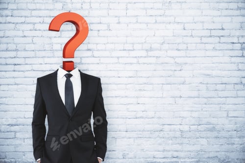 Preview: Question Mark Sketch Headed Businessman On Brick Background With Copy Space. Confusion And Answer
