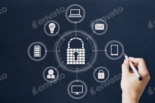 Preview: Hand Drawing Creative Padlock Sketch On Dark Wall Background. Protection And Password Concept