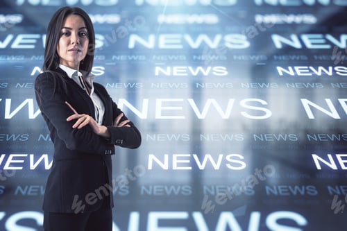 Preview: News And Information Concept. Portrait Of Attractive Young European Businesswoman With Glowing News