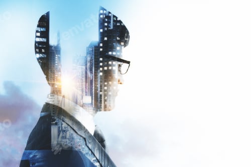 Preview: Side Portrait Of Handsome Young Businessman On White City Background With Copy Space. Think And