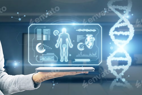 Preview: Close Up Of Female Doctor Hand Holding Tablet With Abstract Glowing Medical Cardiology Interface On