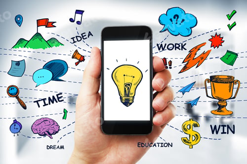 Preview: Hand Holding Smartphone With Creative Business Sketch. Idea And Leadership Concept