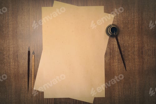 Preview: Topview Of Blank Aged Paper Sheets And Ink-Pot On Wooden Desktop. Mock Up